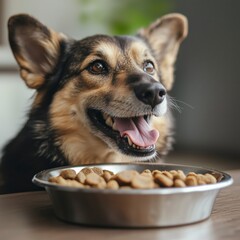 photo a mongrel dog happily eating its kibble, surrounded by a comfortable and homey environment