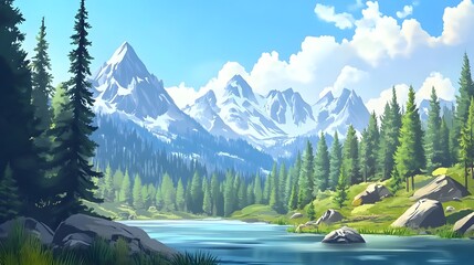 Vector illustration of a forest, mountains, and lake landscape background. Flat design with pine trees