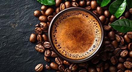 Espresso coffee in cup surrounded by beans and leaves.