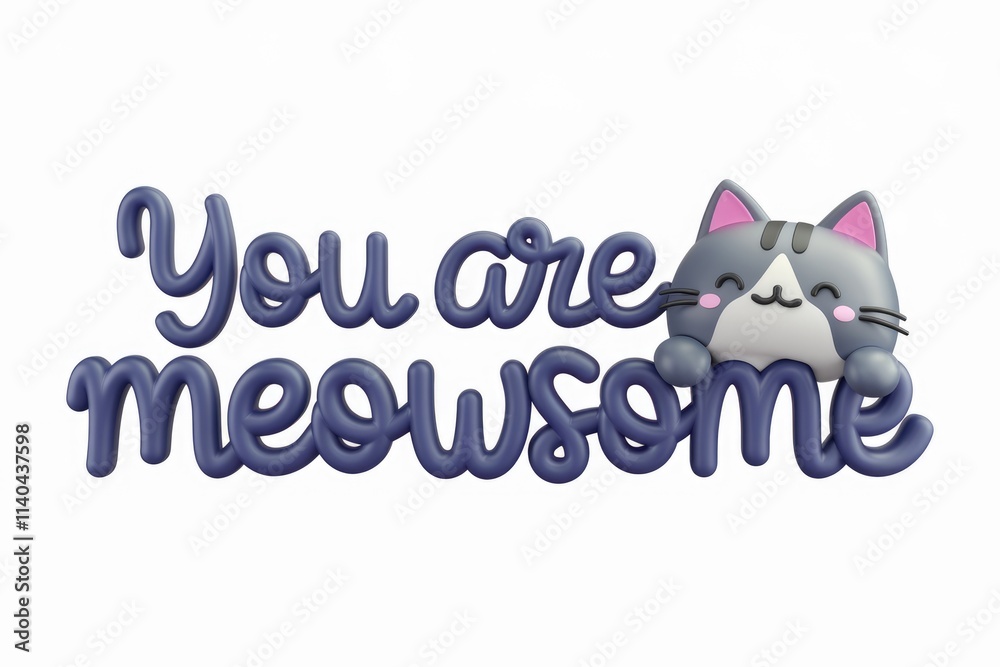 Poster adorable 3d render of a cute cat with the text 'you are meowsome'.
