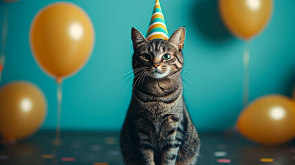 Tabby cat wearing party hat. (1)