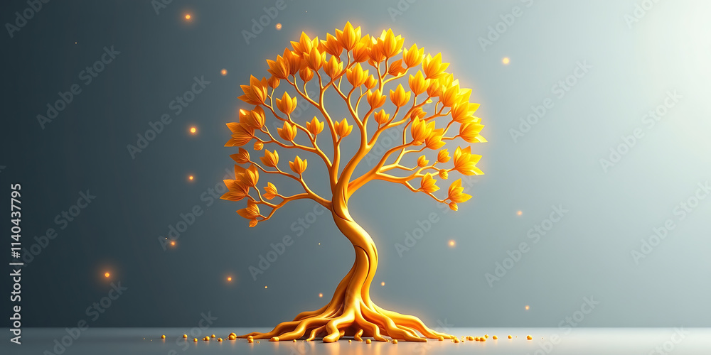 Wall mural golden tree of time - a glowing tree symbolizing growth and renewal. backdrop background digital art