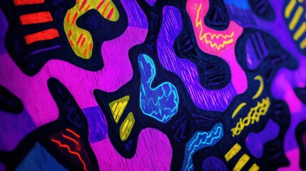 Obraz premium Close-up of colorful abstract shapes with neon glow on dark surface