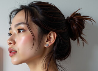 Young woman with messy bun hairstyle in profile view