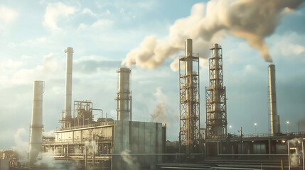 Obraz premium Industrial plant with smoke stacks releasing pollution into the sky. environmental air pollution