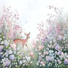 Obraz premium tranquil watercolor of a lush garden with a deer amidst pastel-colored flowers in shades with deer