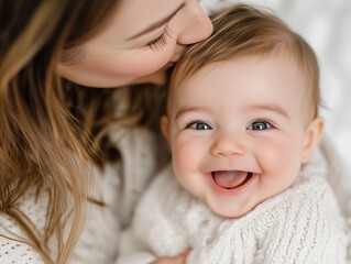 
A close-up of a mother holding her smiling baby in her arms, their faces close together, radiating pure joy. 