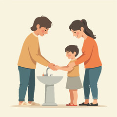 Family Washing Hand in basin, Kids hand washing illustration vector design