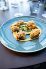 A Gourmet Dish of Crispy Fried Bites With Sauce on a Ceramic Plate