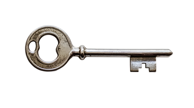 Shiny Silver Key Rests on Pristine White Backdrop in Photograph