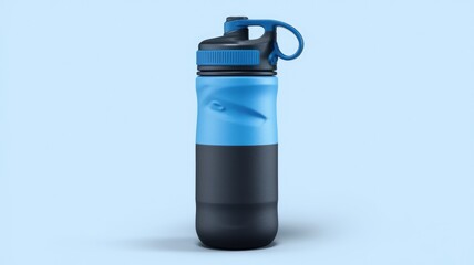 Obraz premium A blue and black sports water bottle with a carrying loop on a light blue background.