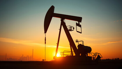 Oil pump jack silhouette with financial graphs at sunset symbolizing energy market growth, 8k unreal engine photorealism, with white tones