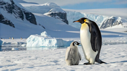 A powerful symbol of resilience and adaptation, the Emperor penguin and its chick thrive in the harsh Antarctic environment