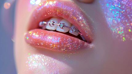 Obraz premium Close Up of Glittery Lips with Colorful Braces and Pink Sparkles