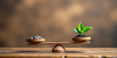 The Ethical Business Scale - Weighing profits on one side and sustainability on the other. backdrop background digital art crisp oilpinting minimalist sharp details funny background copyspace