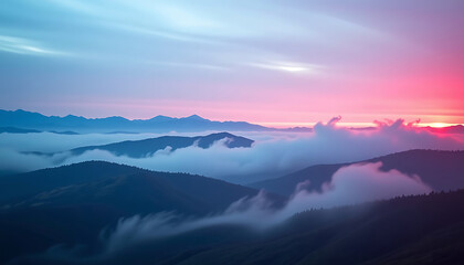 Obraz premium Chromatic Fog Horizons - Glowing fog blending into layered horizons. background copyspace