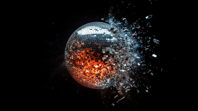 A disco ball explodes into pieces, breaking into tiny mirror pieces in a dramatic explosion. The ball drops at new year. Party or celebration theme. Isolated on black background.