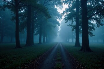Fototapeta premium Foggy forest path with misty atmosphere and dark trees, mist, night