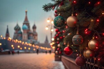 christmas tree in front of the church garlands into a forest with snowy flakes with shape of stars...