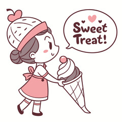Cute Cartoon Girl Enjoying a Delicious Ice Cream Cone with Sweet Treat Phrase in Background