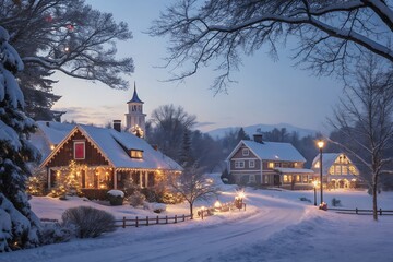 church in the snow garlands into a forest with snowy flakes with shape of stars close to xmas gifts in red boxes