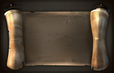 Ancient scroll of parchment paper  on the black background. The scroll is old and worn, with a few holes in it. The paper is brown and has a slightly rough texture. Unfolded scroll  for your design
