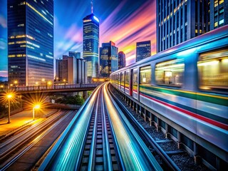 Obraz premium High-Speed Subway Train Long Exposure Cityscape Aerial Bridge Photography