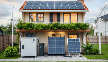 Home virtual battery energy storage with house photovoltaic solar panels plant, wind and rechargeable li-ion electricity backup, with white tones