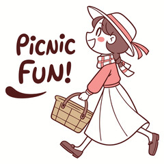 Happy Girl Enjoying a Picnic Day with Basket and Joyful Attitude in Illustrative Style