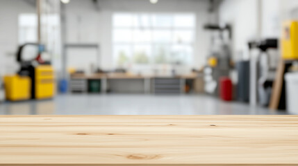 Obraz premium wooden countertop with a blurry garage background and tools