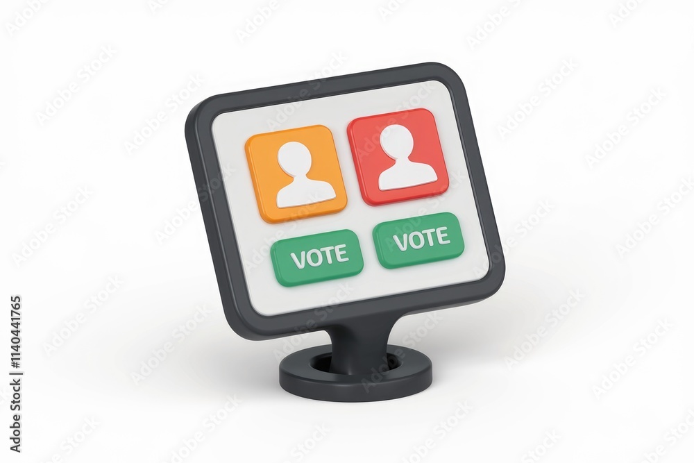 Aufkleber A 3D render of a voting kiosk with two candidate buttons and two vote buttons.
