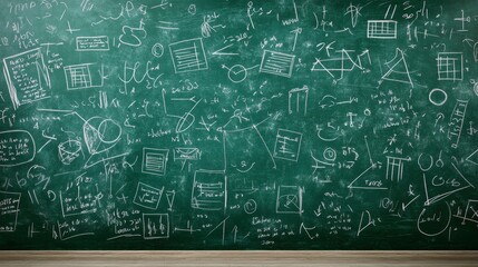 Detailed Chalkboard with Mathematical Formulas and Diagrams