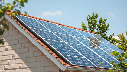 Black solar panels are installed on a house on a clear sunny day. Power and efficiency of solar energy. Modern design. Concepts of renewable energy sources, mindfulness theme, with white tones