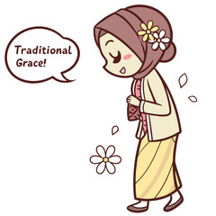 Traditional Grace Illustration of a Charming Character in Cultural Attire with Floral Details