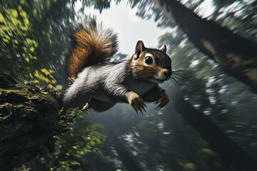 Obraz premium A squirrel mid-stride on a curved branch in a tropical forest