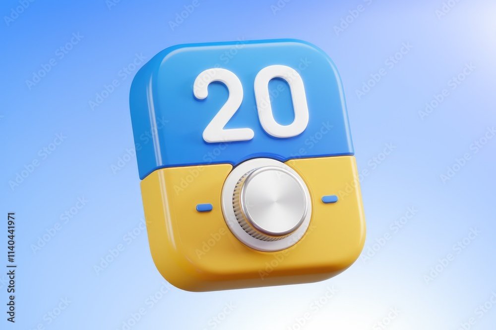 Aufkleber A 3D rendering of a blue and yellow control knob with the number 20 displayed.