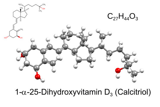 Chemical formula, structural formula and 3D ball-and-stick model of vitamin D3 (calcitriol)