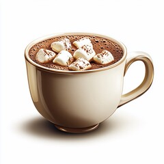 Warm cocoa drink in a beige cup topped with marshmallows and cocoa powder.