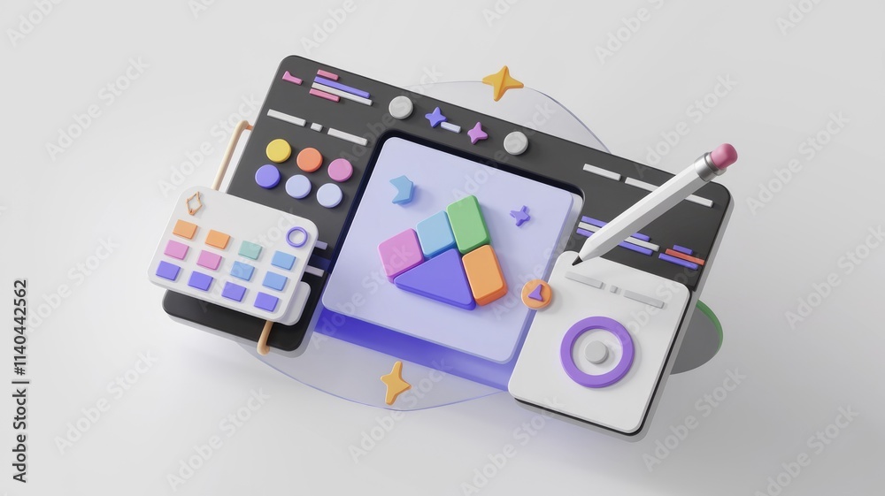 Poster 3D illustration of a graphic design software interface with color palettes  tools  and a pencil.