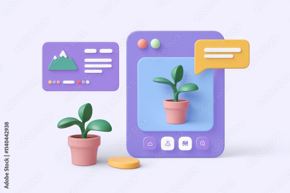 Aufkleber 3d illustration of a user interface with plants showcasing growth and online interaction.