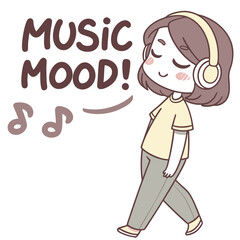 Happy girl enjoying music with headphones in a cheerful and playful style illustration