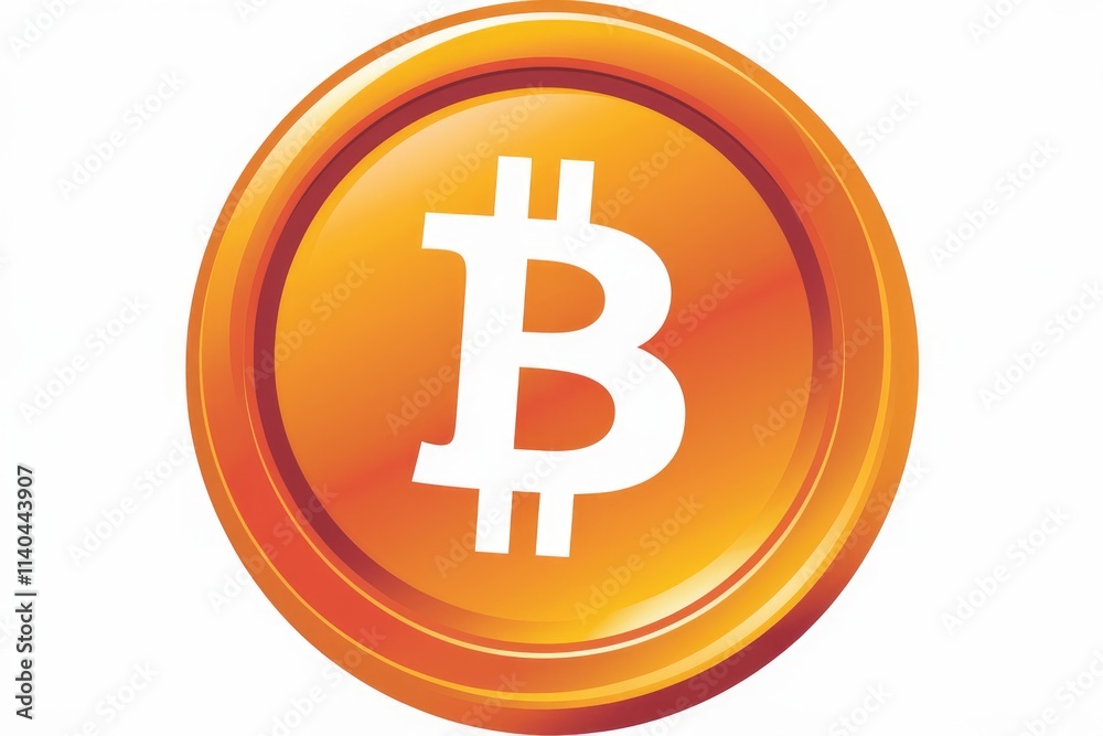 Poster an orange bitcoin coin with a white b symbol in the center representing digital currency.