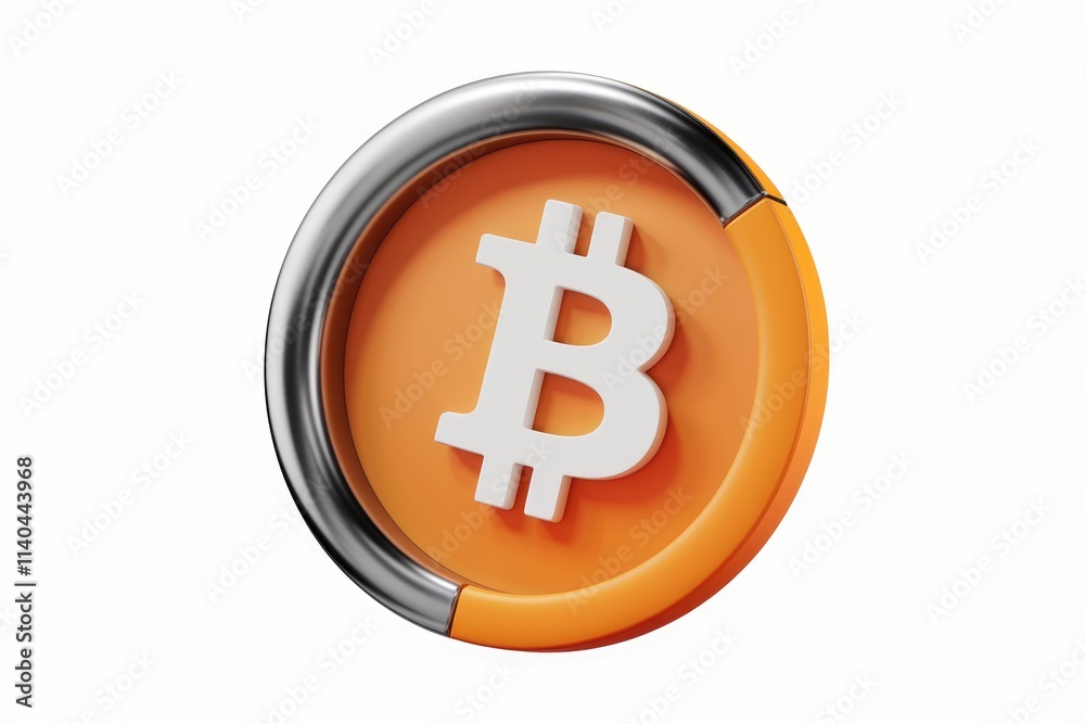 Poster 3d rendering of a bitcoin symbol on an orange and silver circular icon.
