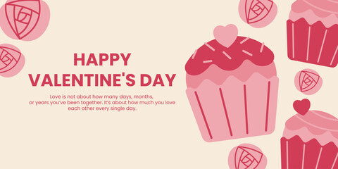 Pink and beige valentine's day background banner with wine beverage rose flower and heart.