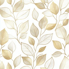 Obraz premium Elegant gold-line leaf-pattern wallpaper on white, seamless and simple aesthetic design