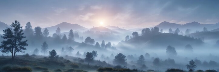 Obraz premium Gentle blue mist in a foggy landscape with abstract blur effects, soft focus, subtle haze