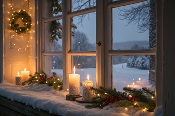 christmas tree in the city garlands into a forest with snowy flakes with shape of stars close to xmas gifts in red boxes