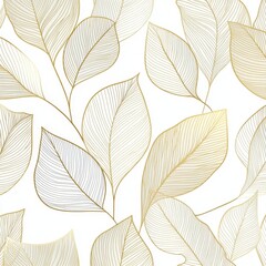 Fototapeta premium Elegant gold-line leaf-pattern wallpaper on white, seamless and simple aesthetic design