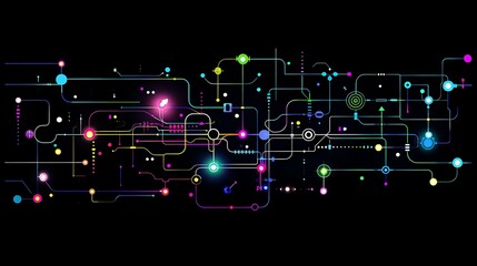Fototapeta premium Minimalistic 2D illustration of an electronic circuit board with interconnected glowing nodes in a vibrant neon palette of blue, green, and purple, set against a sleek black backdrop