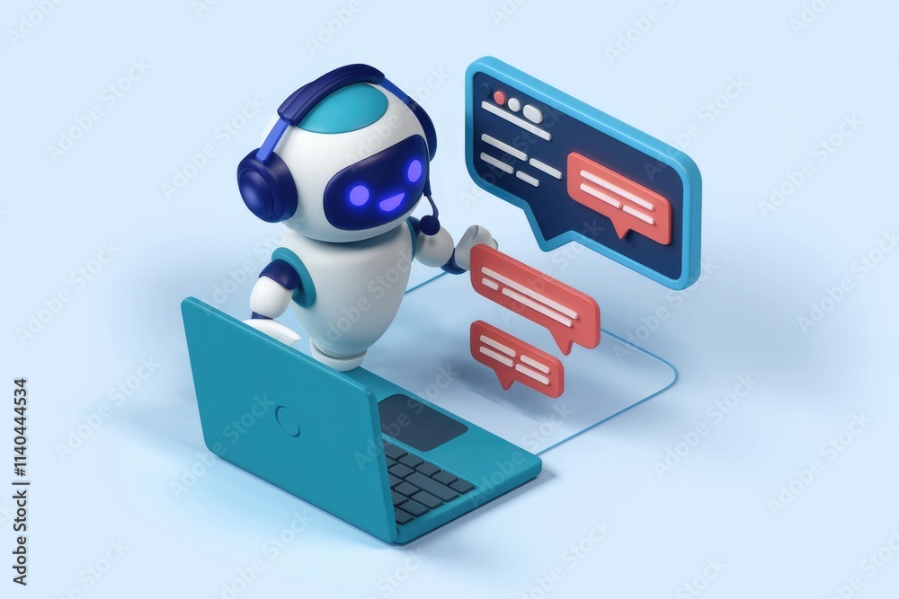 Aufkleber a friendly robot provides customer support using a laptop and chat bubbles.